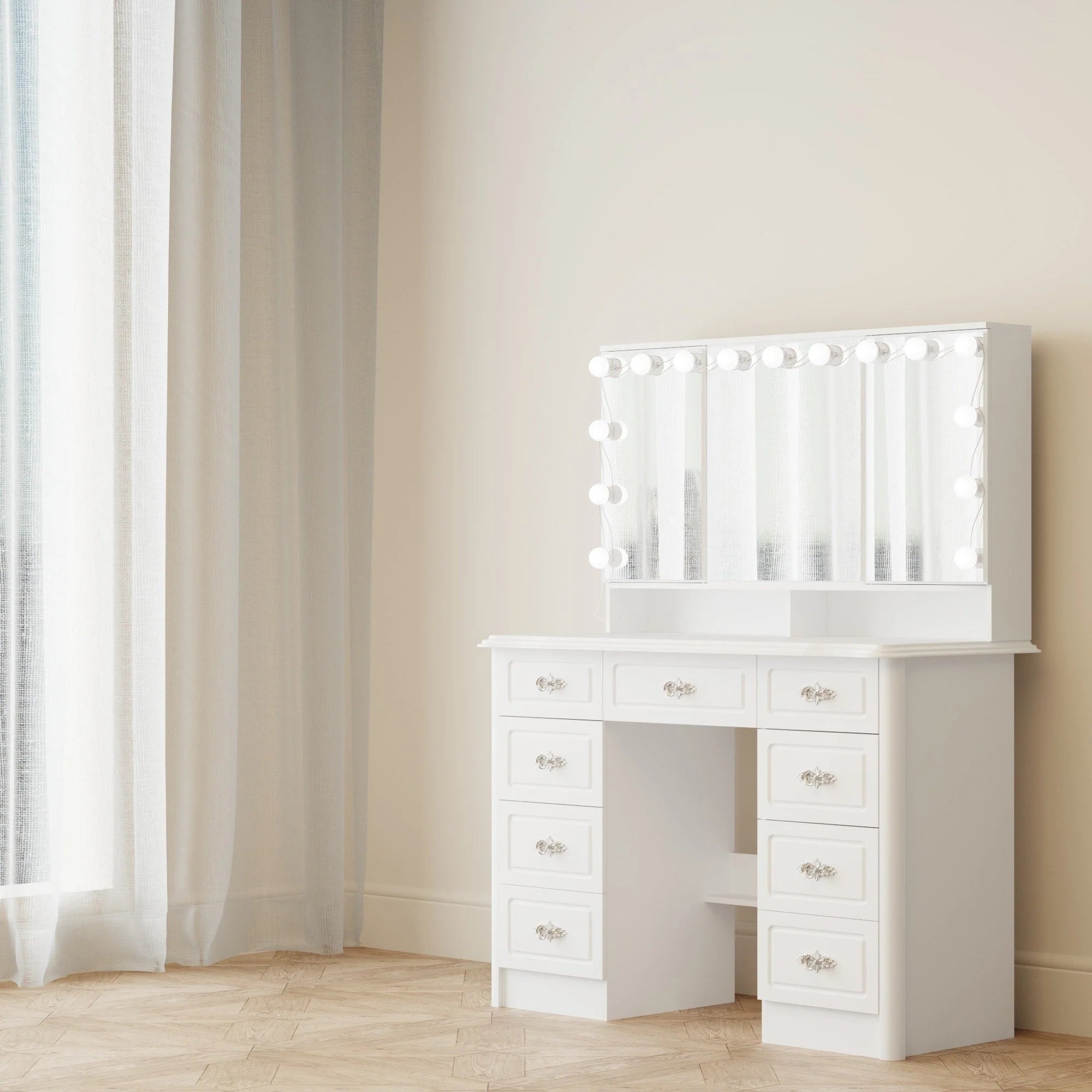 Coiffeuse moderne blanche avec miroir pliable éclairage réglable - 102,1 x 137,4 cm