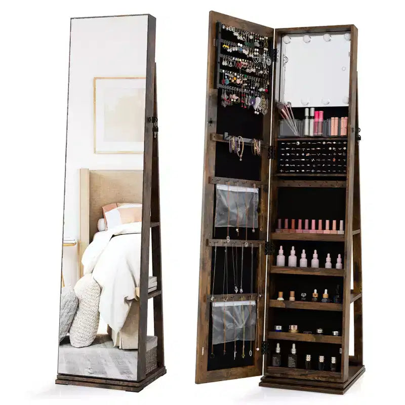 Costway 360 degree Swivel Jewelry Cabinet w/Full Length Mirror Back Shelves Lights for Bedroom