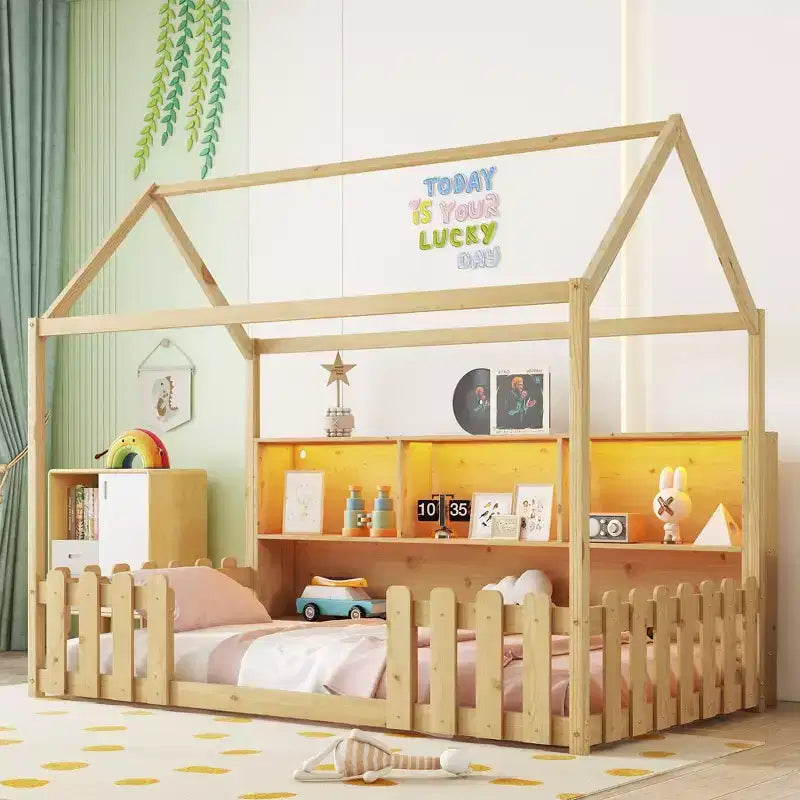 Lit au sol pour enfants TUYOHW, taille jumeau, avec lumière LED, lit Montessori moderne en métal avec étagère de rangement et barrières de sécurité pour chambre à coucher