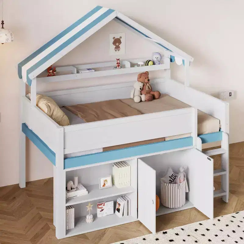 GDFStudio George Full Size Loft Bed with Playhouse Canopy Roof and Built-In Storage Cabinet