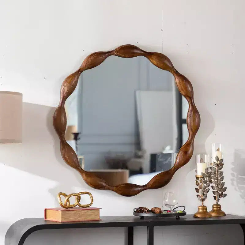 GDFStudio Ursa Farmhouse Wooden Round Waved Decorative Wall Mirror