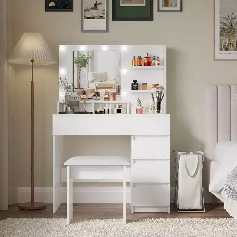 Okak Makeup Vanity with 3 Modes Large Mirror, Vanity Desk with Power Strip and Stool, Vanity with Chair for Living Room, Bedroom, White