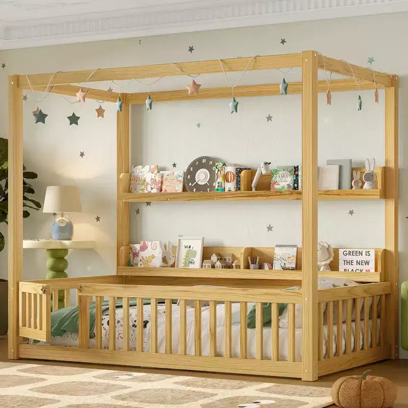 Twin/Full Montessori Floor Bed Canopy Bed Frame with Built-in Shelves & Safety Guardrails - ModernLuxe