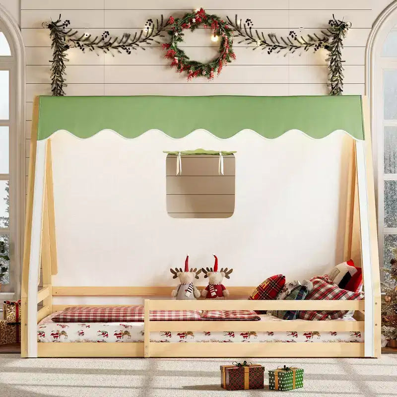 GDFStudio Mera House Like Floor Bed with Tent, LED Lights and Full-length Guardrails