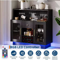 Modern Bar & Coffee Station with LED Lights, Lockable Glass Door & Spacious Countertop for Kitchen Living Game Room, Holds 8 Bottles & 15 Glasses