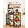 Kitchen Bakers Rack Rustic Brown Storage Shelf with Power Outlet,4-Tier Microwave Stand & Coffee Bar Table(Includes 6 S-Hooks for Pots)