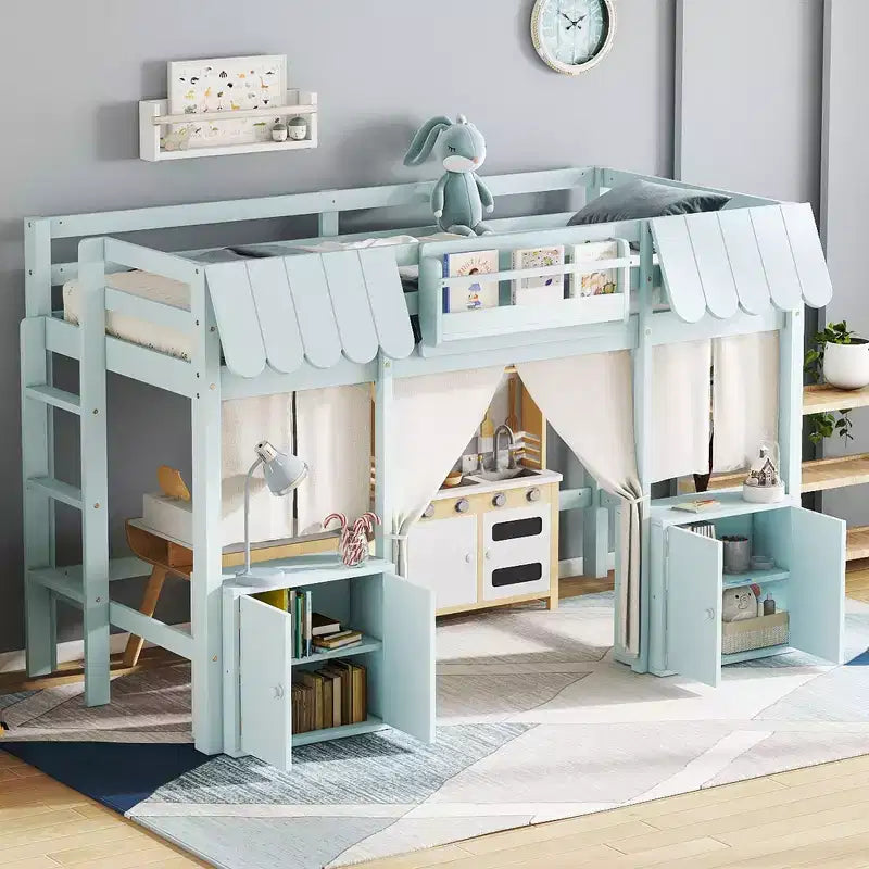 TUYOHW Lit superposé mezzanine cottage féerique pour enfants avec rideau et étagère de rangement, lit cabane en bois de pin taille jumeau/double avec étagère intégrée et espace de jeu