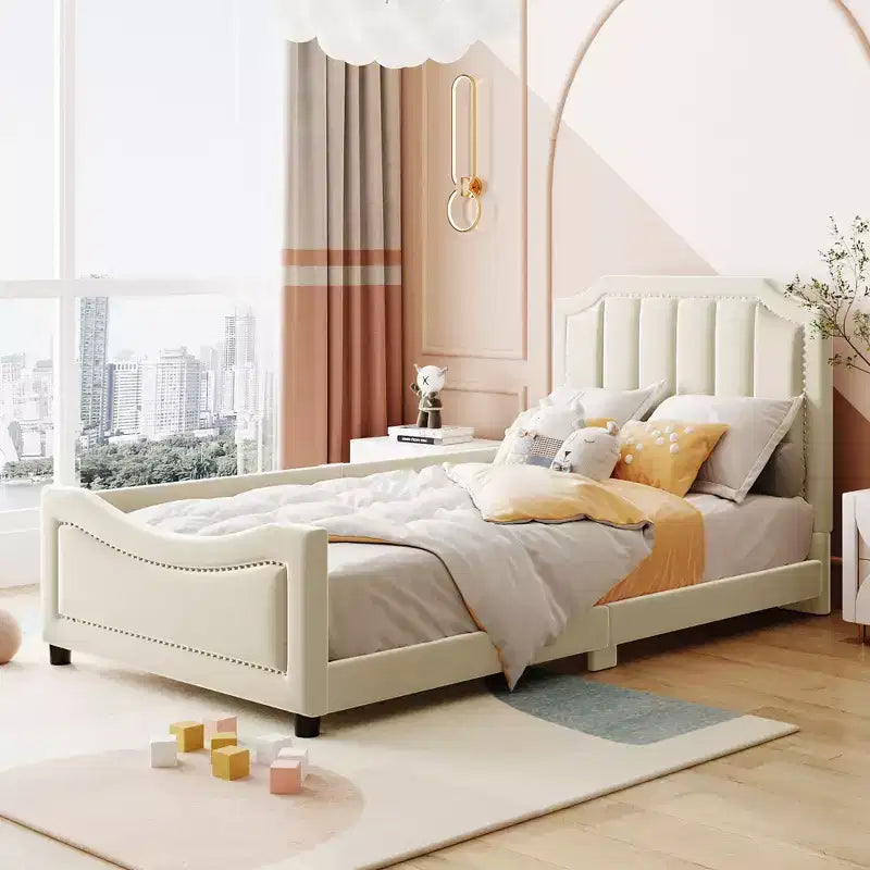 Bellemave Twin Daybed with Upholstered Stripe Headboard, Beige, Sturdy Wood Frame, Modern Elegant Design, Perfect for Kids or Guest Room