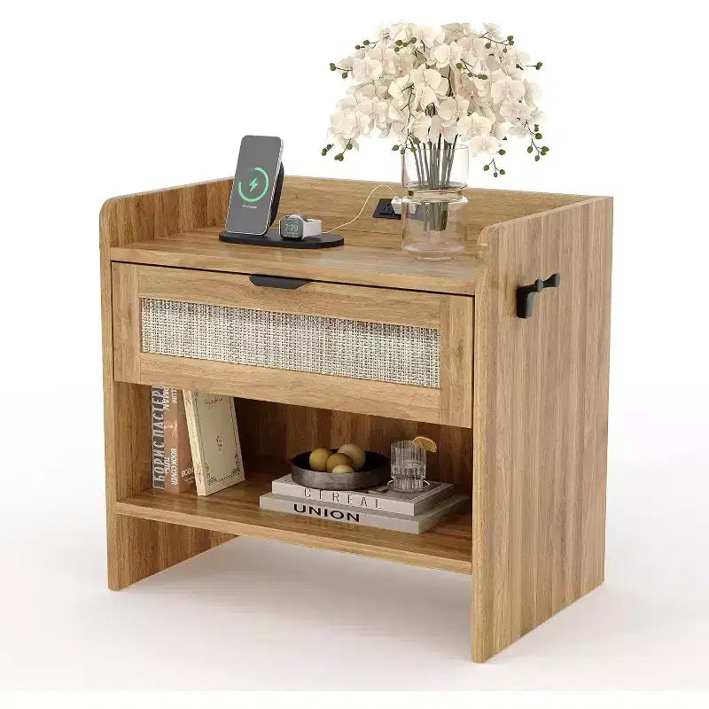 Rattan Nightstand, 23.6 Wide Bedside Table, Nightstand with Type-C Charging Station Suitable for Bedroom, Office, Living Room