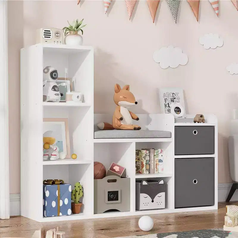 Kids Bookcase with Reading Nook, 44-Inch Toy Storage Bench with Cushion, 6 Cubby Shelves and 2 Fabric Drawers for Playroom or Bedroom