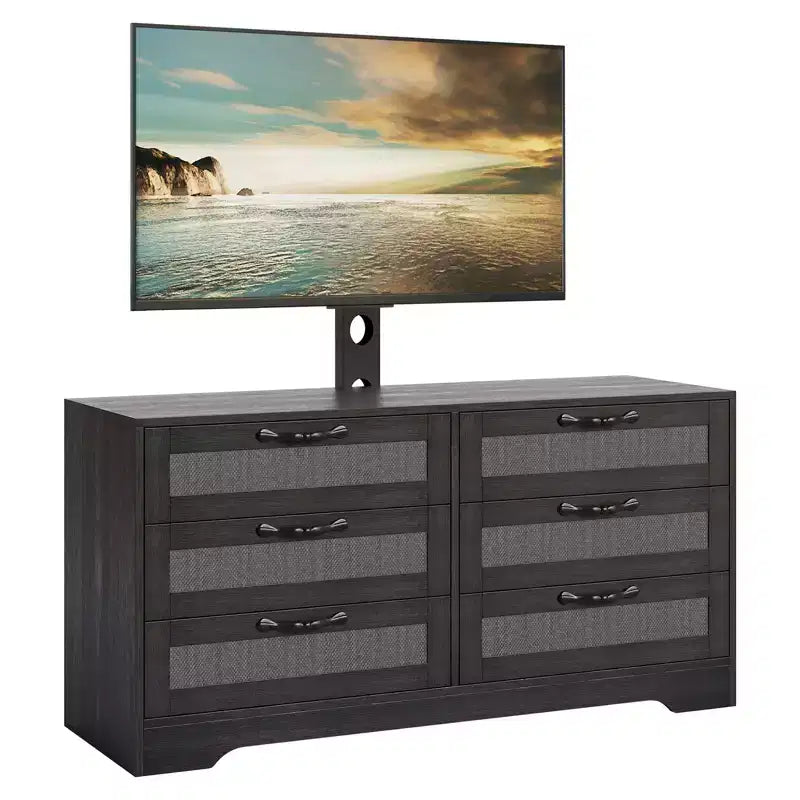 Modern Design TV Stand with Mount  6-Drawer Rattan Dresser for 32-85 TVs  Spacious Storage, Media Console Table