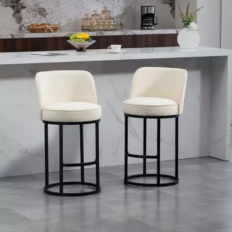 TUYOHW Counter Height Bar Stools Set of 2,Modern Barrel-Shaped Stools with Footrest,Soft Linen Bar Stools for Kitchen Island & Home Bar