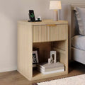 Acekool Fluted Nightstand with Ports and Outlets, Drawers Mid Century Modern Bedside Table, Natural Wood