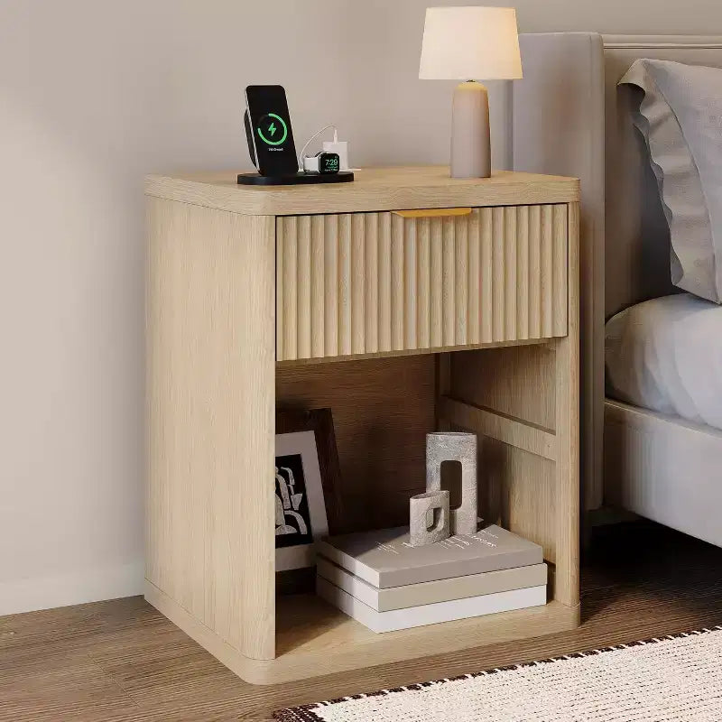 Acekool Fluted Nightstand with Ports and Outlets, Drawers Mid Century Modern Bedside Table, Natural Wood