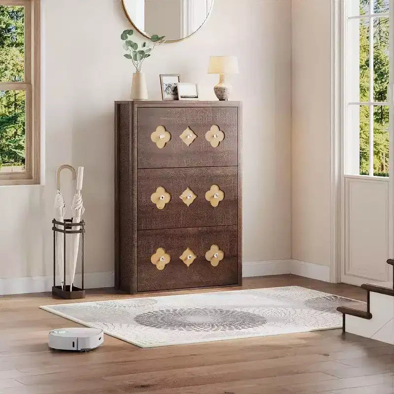 Freestanding Slim Shoe Cabinet with 3 Flip Drawers, Hidden Wood Shoe Cabinet with Hollow Out Flower Pattern and Diamond-Shaped Handles, for Home