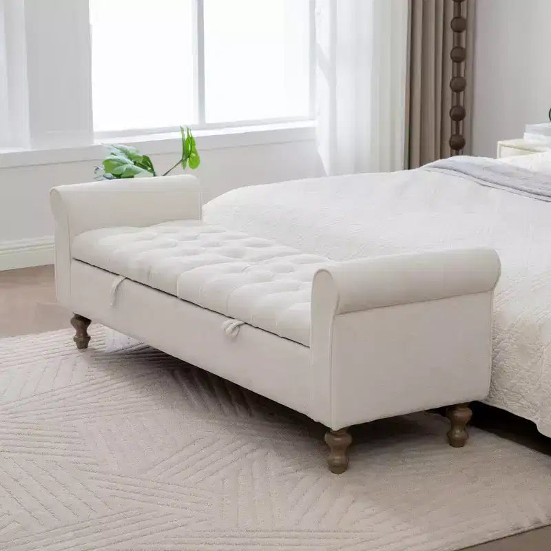GDFStudio Changmin Modern Wooden Upholstered Storage Bench with Double Lids and Rolled Armrest