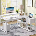 Lantine 55-Inch Reversible L-Shaped Desk with Drawer, Modern White Corner Desk with Storage Shelves and Monitor Stand for Home Office, Small Space