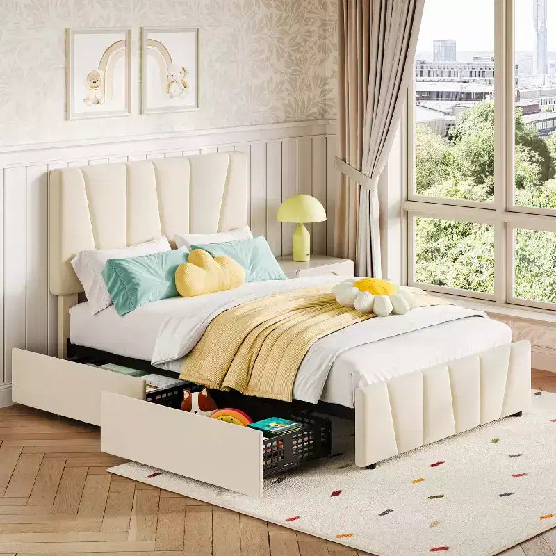 Modern Linen Upholstered Bed Frame, Platform Bed Frame with Adjustable Headboard, 2/4 Storage Drawers, No Box Spring Needed