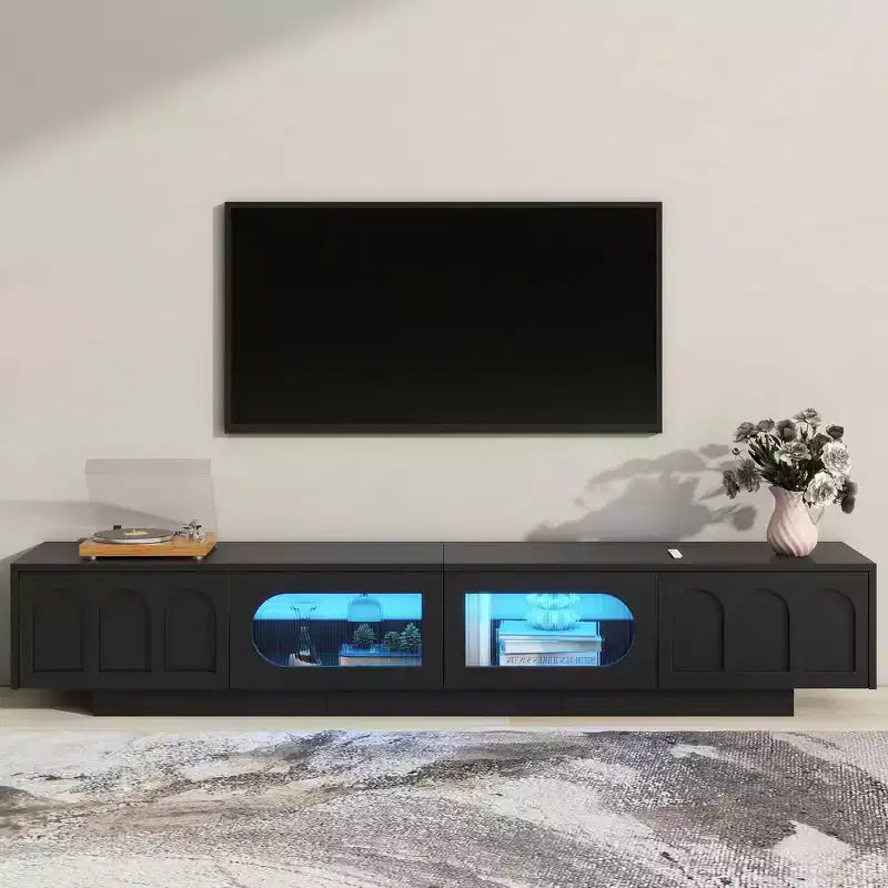 MAYEERTY White TV Stand with Fluted Glass Doors, APP LED Media Console for 95 TVs