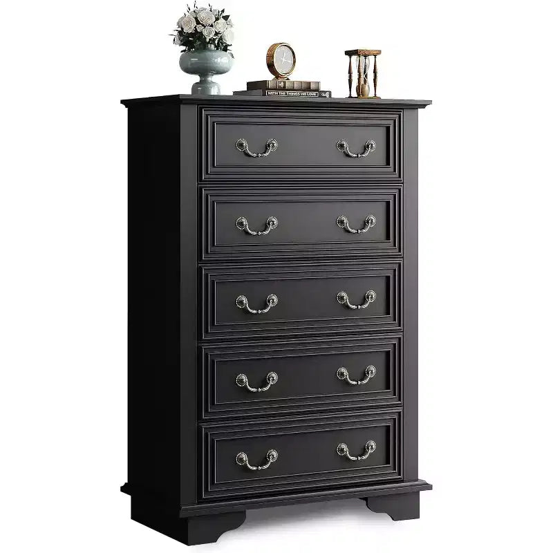 BALHAM TRADE-Tall Wood Dresser with 5 Drawers for Bedroom Chest of Drawers with Roman Metal Handle