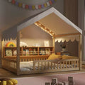 Full Size Floor Bed with LED Light, Wooden House-Shaped Floor Bed with Storage Bookshelves Fense and Curtain for Boys Girls