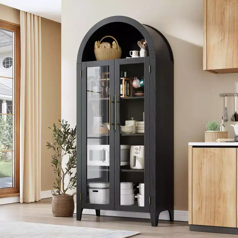 63 Tall Arched Kitchen Pantry Storage Cabinet with Glass Doors,5 Tier Modern Bookshelf w/ Adjustable Shelf,Farmhouse Wooden Storage Cabinet