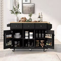 JVNOXK Five-wheel kitchen cart with rubberwood folding countertop and interior storage shelves in cabinet doors. Ideal for dining rooms. Black