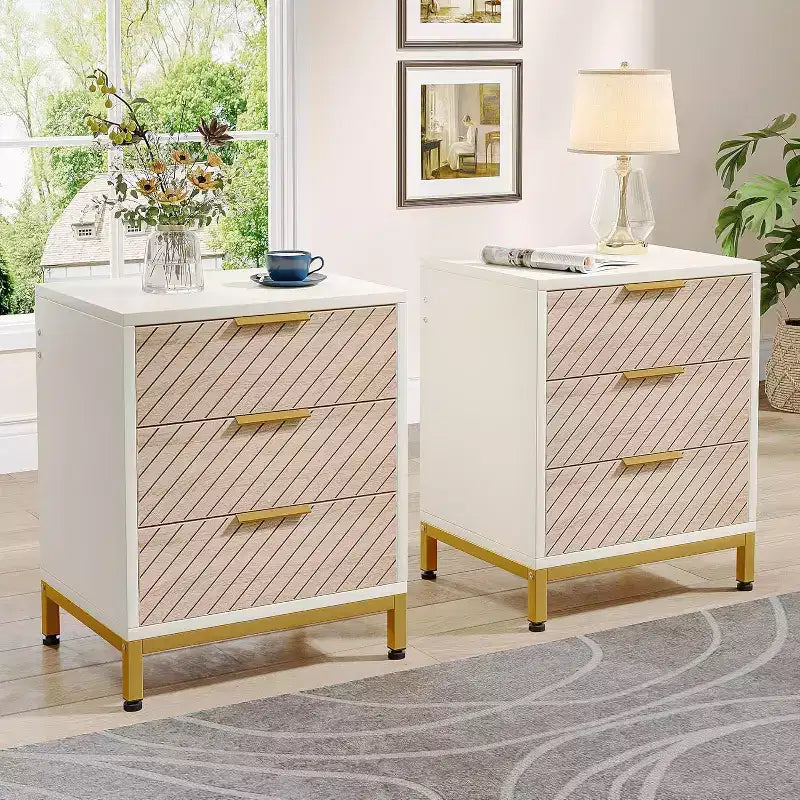 Lantine Night Stands Set of 2, Nightstand with 3 Drawers White and Gold Light Wood Grain Bedside End Tables Storage for Bedrooms
