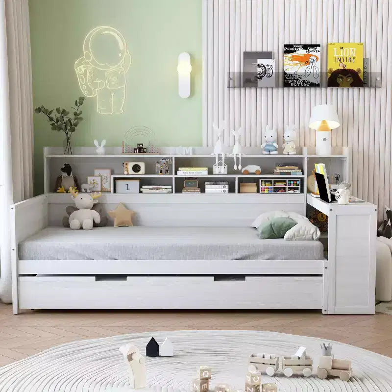 MAYEERTY Twin Size Bed with Storage Shelves Multifunctional Bed with Trundle Bed Study Desk for Bedroom Antique White