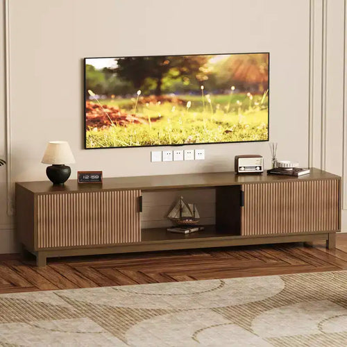 15.9'' H Mid Century Modern Low TV Stand, 70 Long Fluted TV Console Table with Open Storage Shelf & Fluted Doors for Living Room, Bedroom