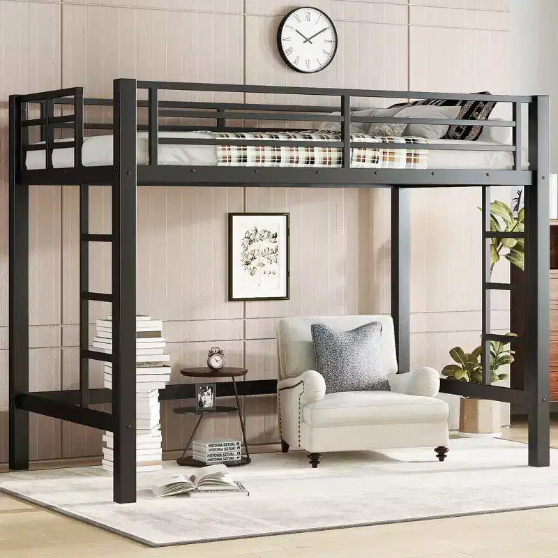Black Twin Size Metal Loft Bed Loft Bed with Easy Climbing Ladder and Guardrails