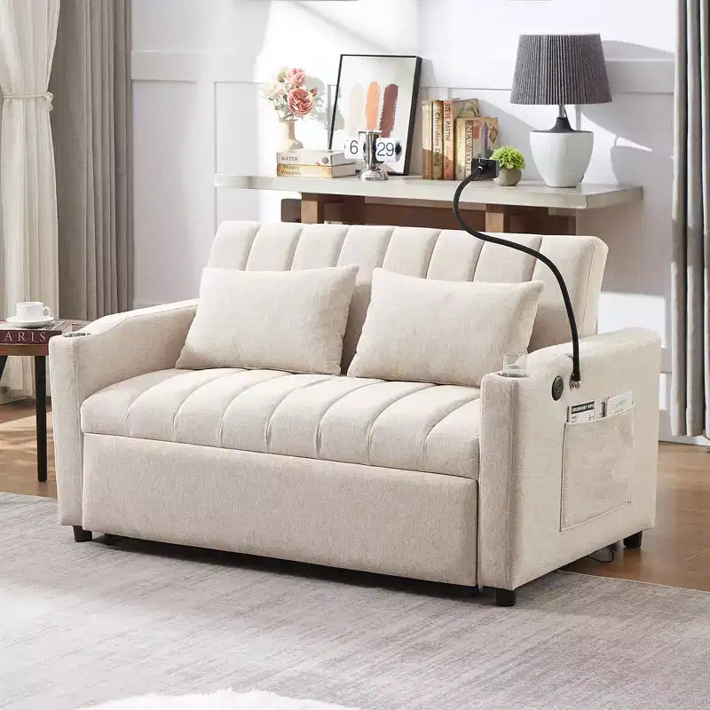 GDFStudio Christy 55.9 Convertible Sofa Bed Loveseat with USB Ports and Cup Holders
