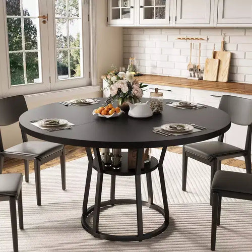 47 Farmhouse Round Dining Table for 4,Rustic Wood Top with Storage & Metal Legs,Space-Saving Circle Table for Kitchen, Dining & Living Room