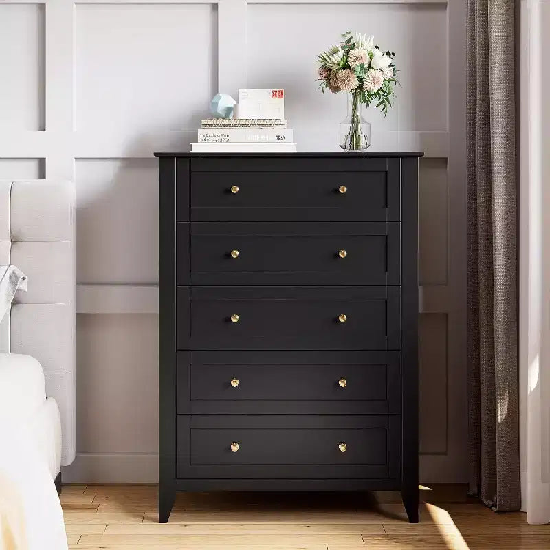 Commode haute à 5 tiroirs, armoire de rangement moderne en bois avec tiroirs profonds et poignées en métal, idéale pour la chambre, l'entrée ou le couloir