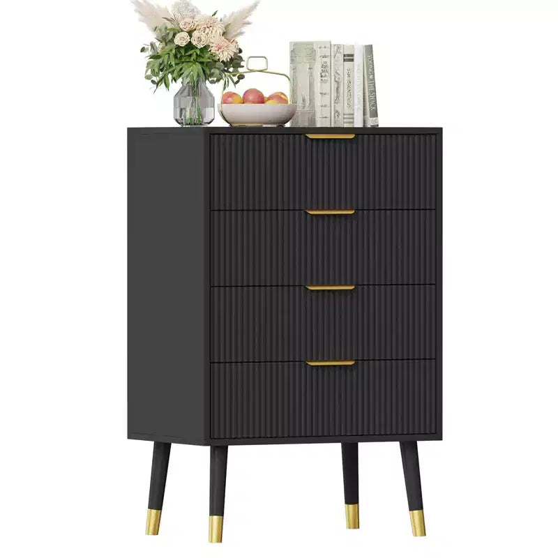 Dresser for Bedroom, 4-Drawer Modern Storage Chest with Gold Handles & Metal Legs, Small Fluted Nightstand