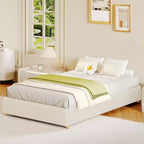 Minimalist Cloud Bed Frame, Boucle / Corduroy Upholstered Low Platform Bed, Wood Legs, No Box Spring Needed