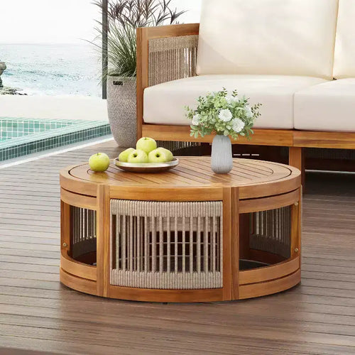 27.95-Inch Acacia Wood Outdoor Coffee Table with Handwoven Rope Accent, Boho Design, for Patio