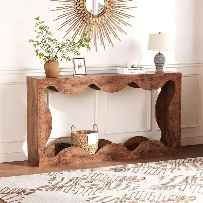 Scalloped Console Table for Entryway, Slim Wooden Modern Sofa Table Behind Couch with Storage Shelf, Hallway TV Console for Entrance, Living Room