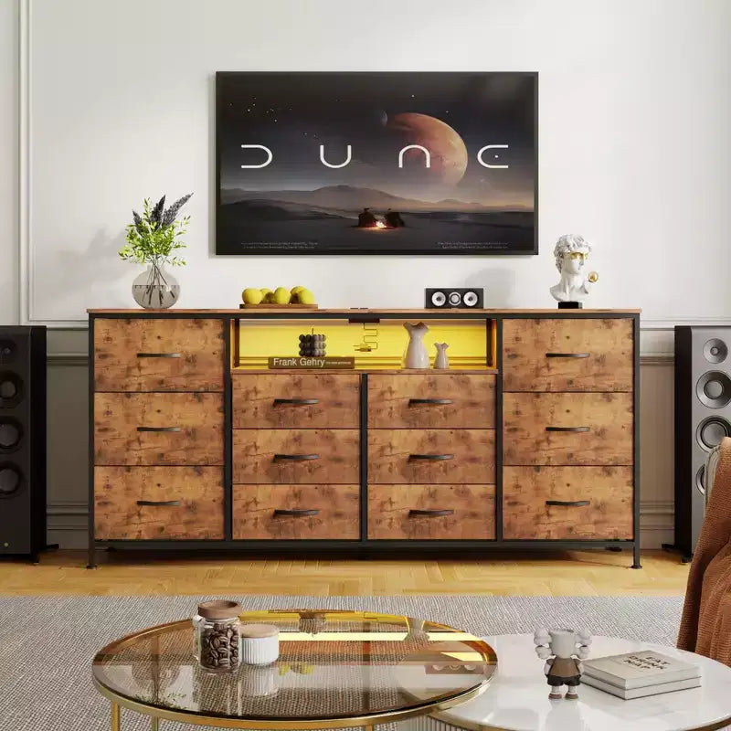 TV Stand, 63 Dresser TV Stand for 65-75 Inch TVs with Charging Station & Lights