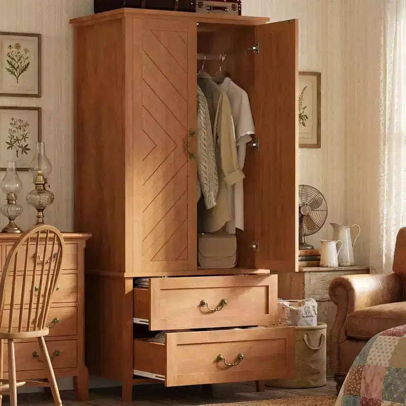Armoire, Wardrobe Closet with 2 Drawers & 2 Doors, 71H Tall Farmhouse Rustic Brown Wooden Storage