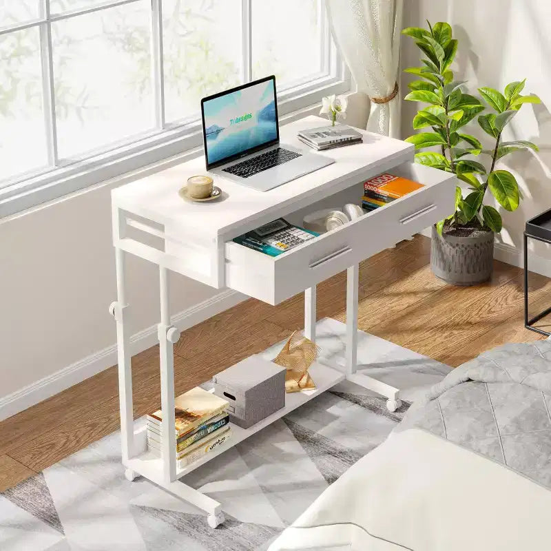 Lantine Portable Desk with Drawers, Mobile Laptop Desk with Wheels, Sofa Side Table Bed Desks, Small Standing Desk for Home Office (White)