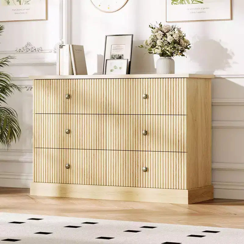 Dresser, Chest of Drawers  6 Drawer Horizontal Fluted Storage, Wood Bedroom Organizer for Small Spaces, Clothing Storage