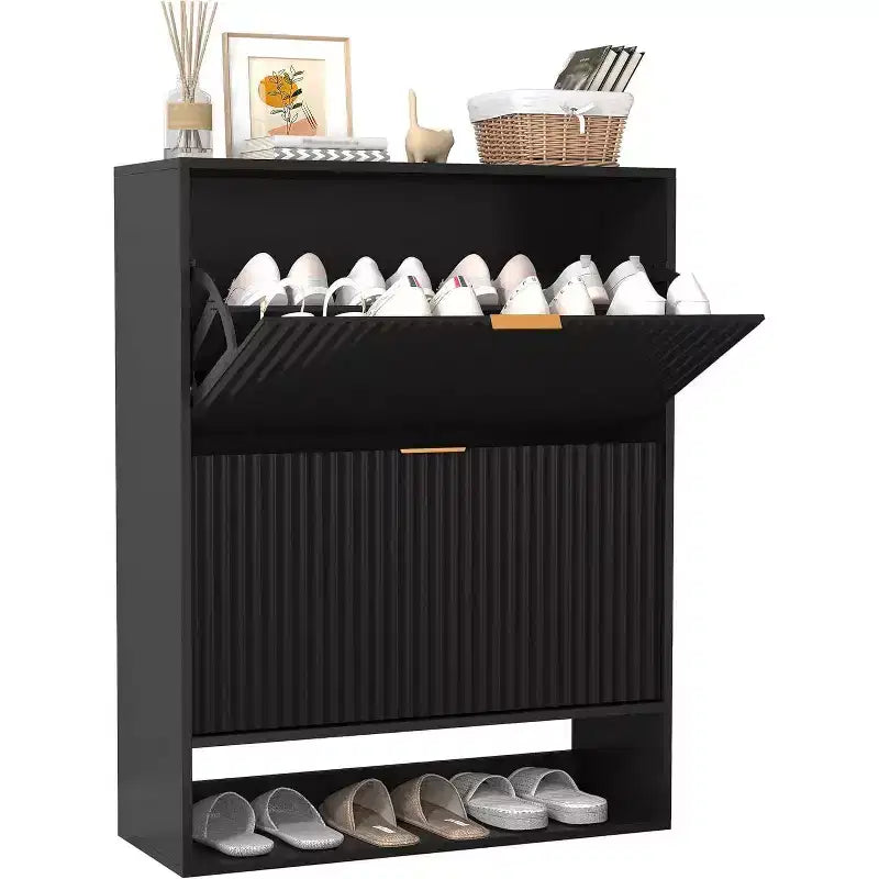 Modern Slim Shoe Storage Cabinet for Entryway  2 Turn Drawers, Hidden Organizer, Freestanding Hallway Shoe Rack  31.5'' Wide