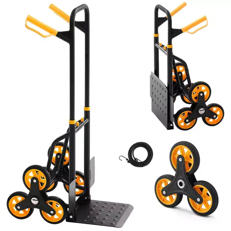 VEVOR Stair Climbing Cart, 330 lbs Stair-Climbing Capacity, Folding Trolley Cart with Telescoping Handle, 6 Wheels and 2 Bungee Cords, Black&Orange