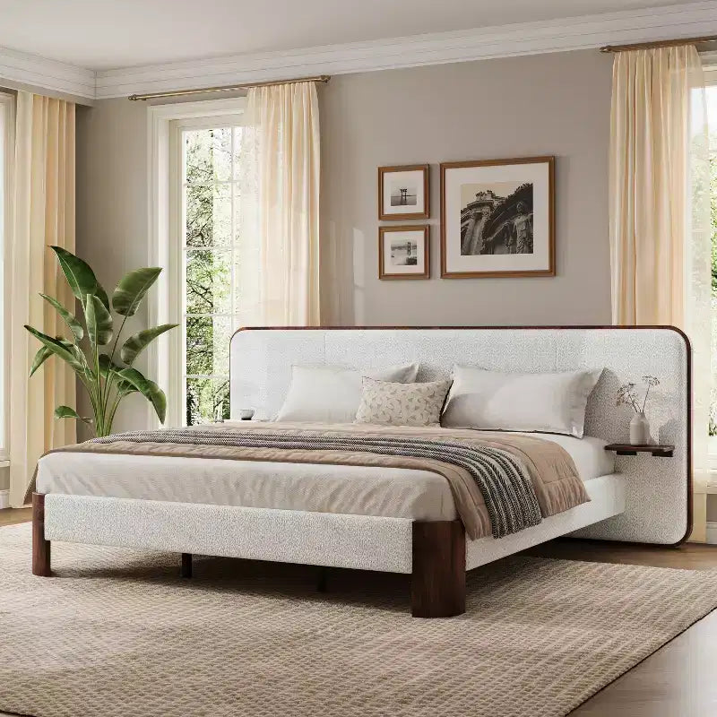Christopher Knight Home Jariya Modern Rubber Wood Boucle Upholstered Platform Bed Frame with Curved Headboard