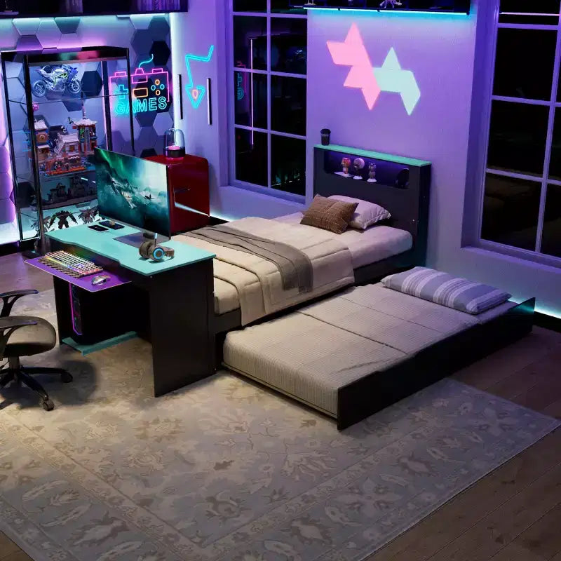 Lit de repos double/grand format avec lit gigogne et bureau de jeu, cadre de lit en bois avec lumière LED RVB, ports USB et tiroir clavier - ModernLuxe