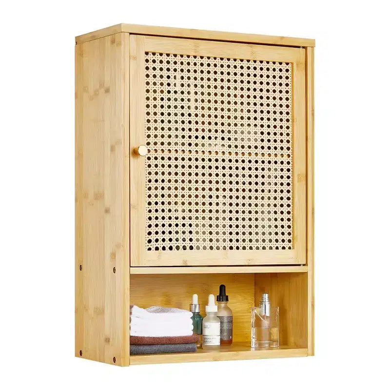 Bamboo Wall Cabinet with Rattan Doors, Adjustable Shelf Compact Storage Organizer for Bathroom, Kitchen, Laundry or Living Room