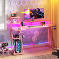 55 Inch Pink Gaming Desk L-Shaped Computer Desk with Shelves and Monitor Stand Gamer Workstation for Small Room Carbon Fiber Design Sturdy Frame