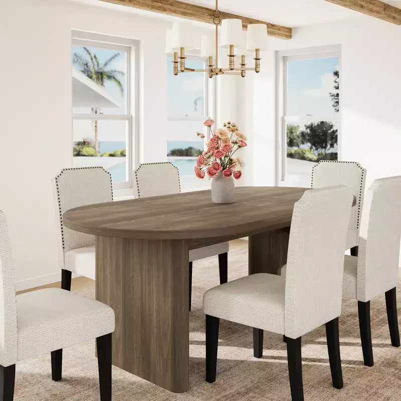 70.8 Inch Oval Dining Table with Upholstered Dining Chairs, Kitchen Table with Thick Sturdy Wooden Base, High Back Dining Chair with Solid Wood Legs