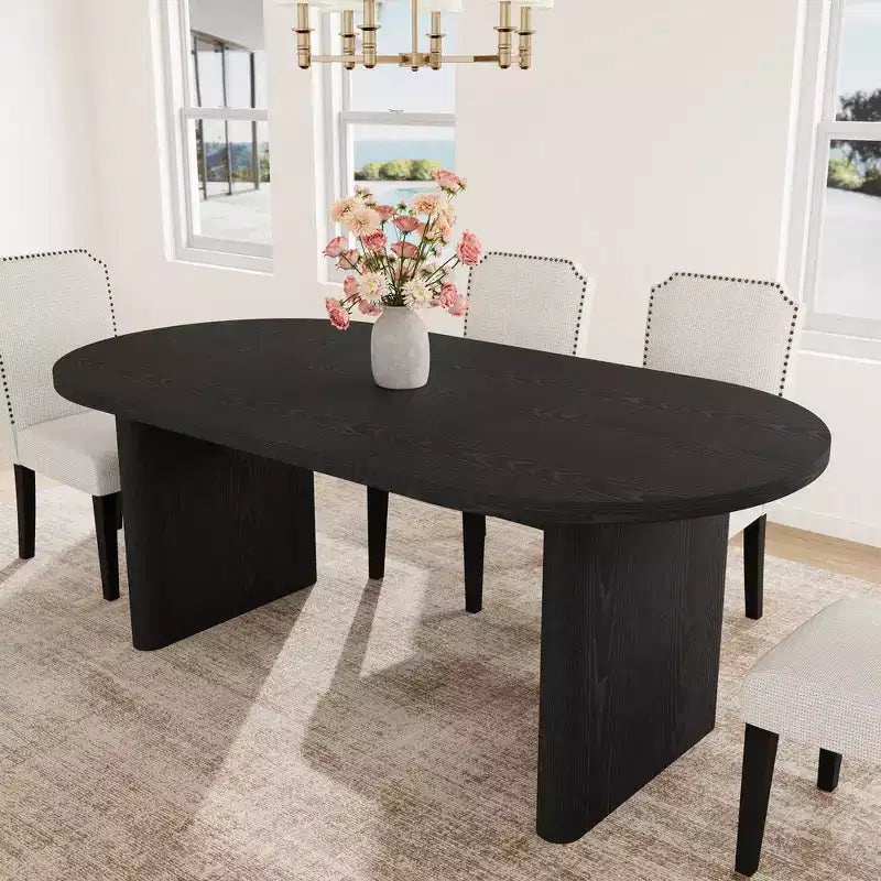 Table à manger ovale de 180 cm avec chaises de salle à manger rembourrées, table de cuisine avec base en bois épais et robuste, chaise de salle à manger à dossier haut avec pieds en bois massif